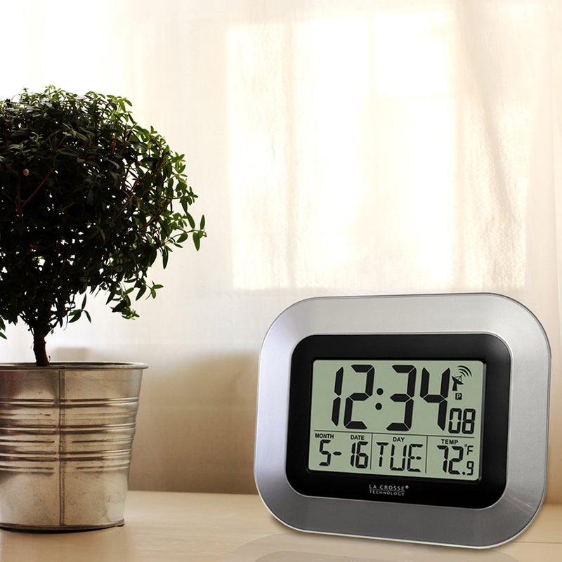 La Crosse Technology WT-8005U-S Atomic Digital Wall Clock with Indoor Temperature, Silver - Image 2